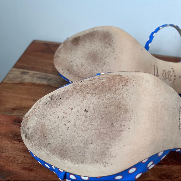 Something Bleu, polka dot sandals, blue/orange/white. Leather sole, size 9 - Picture 4 of 8